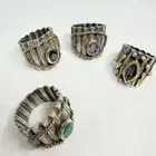 خواتم فضية بشكل لحاء الشجر متوجة بفصوص ملونة