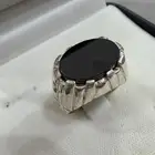 خاتم فضه ملكي راقي رجالي عيار 925 متوج بفص أونكس اسود