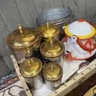 للبيع طقم خمس حبات علب شاهي سكر وبريق وسطل وصينيه خشب وبريق