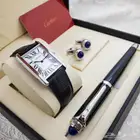 طقم كارتير ساعة جلد مع قلم وكبك