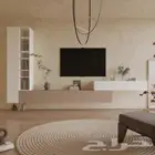 طاولة تلفاز مع مكتبة باللونين الأبيض والبيج