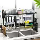 رف أطباق من معدن أسود فوق الحوض قابل للتعديل