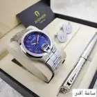 طقم هدايا رجالي من ماركة أقنر يتكون من ساعة يد فضية اللون وق