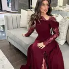 فستان سهره طويل عنابي باكمام دانتيل شفافه