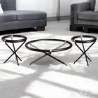 طقم طاولات قهوة مدورة 3 قطع بسطح زجاج وإطار خشبي أسود