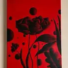 لوحة فنية كبيرة الحجم بخلفية حمراء وزهور سوداء