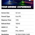 شاشة قيمنق ips 165hrtz 32inch 2k