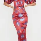 فستان ميدي ساتان احمر فاخر - اكمام بف وظهر كورسيه برباط